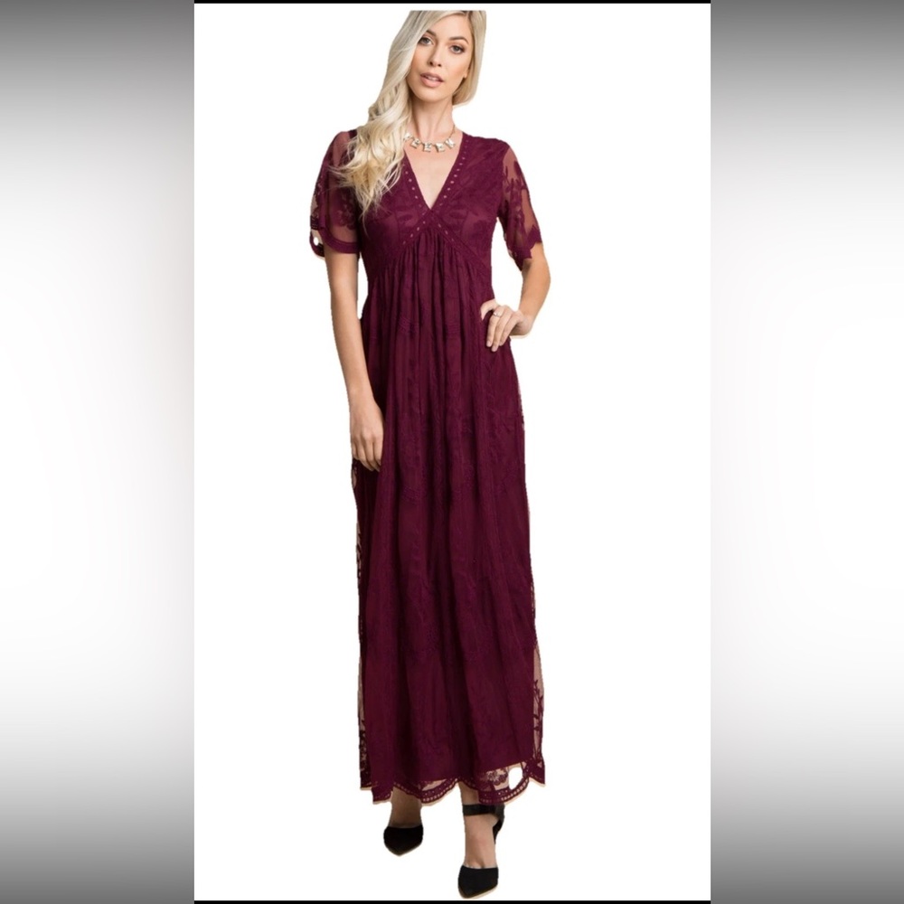 Pinkblush Dress Burgundy Lace Overlay Empire Waist Maxi Elegant Women’s L NWT